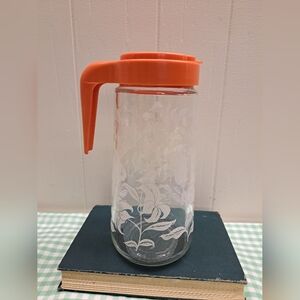 Vintage TANG 1 Quart Glass Pitcher Carafe  Orange Lid 9" Tall Floral Pattern